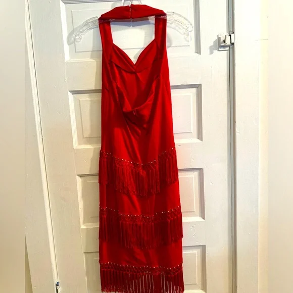 Vintage Red Tassel Halter Dress with Rhinestone Detail - Picture 11 of 11